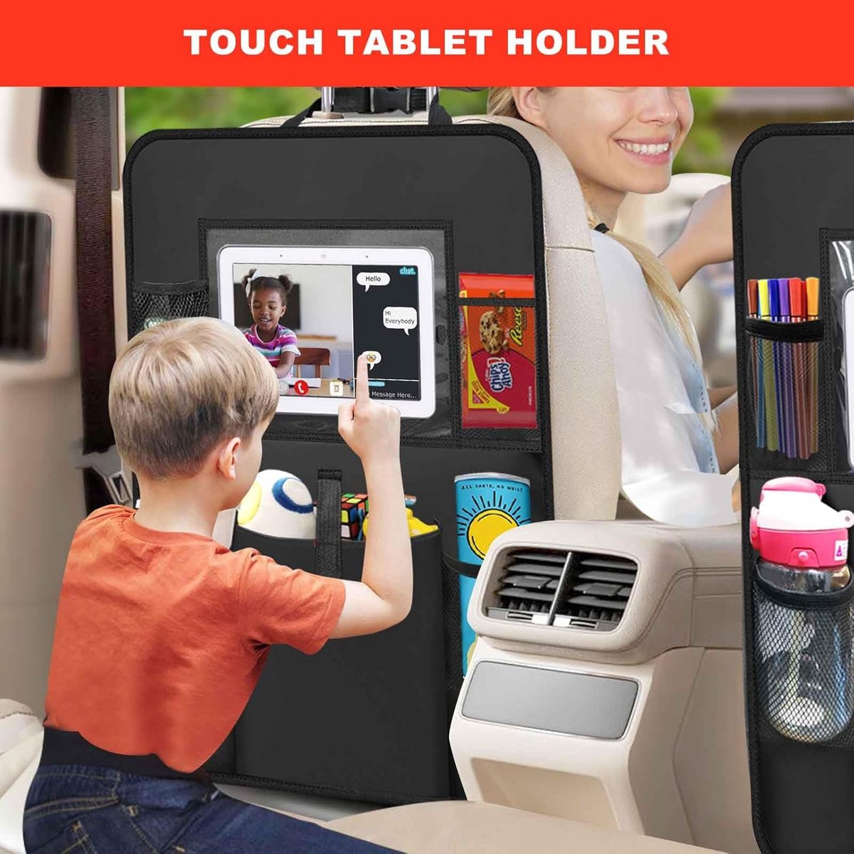 Two-pack storage bags for the car back seat - with touchscreen tablet holder - 6 storage bags - protective cushions - car seat covers - children's travel accessories - Image 4