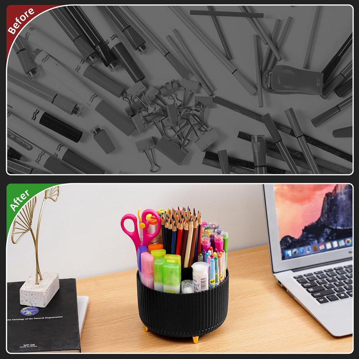 Desk storage box - 360-degree rotating office storage box - Pen holder - 5 pen sorting compartments - Space-saving desk storage box - Black - 15*12.5 cm - Image 2