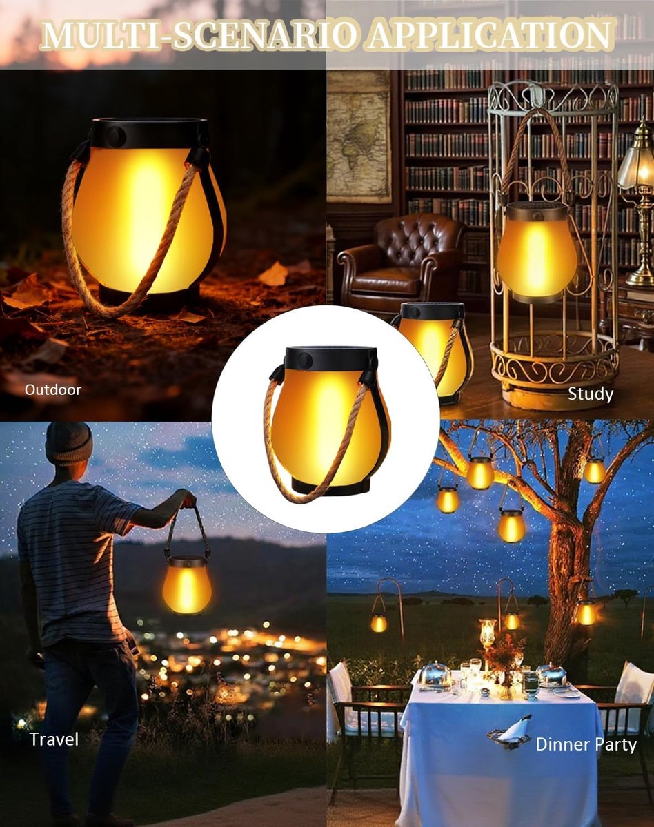 Outdoor solar lights - Solar garden lighting - Solar lantern - Dancing flame outdoor solar lanterns waterproof lighting - Hemp rope flame lamp - For camping garden patio garden halloween decoration (1 piece) - Image 5