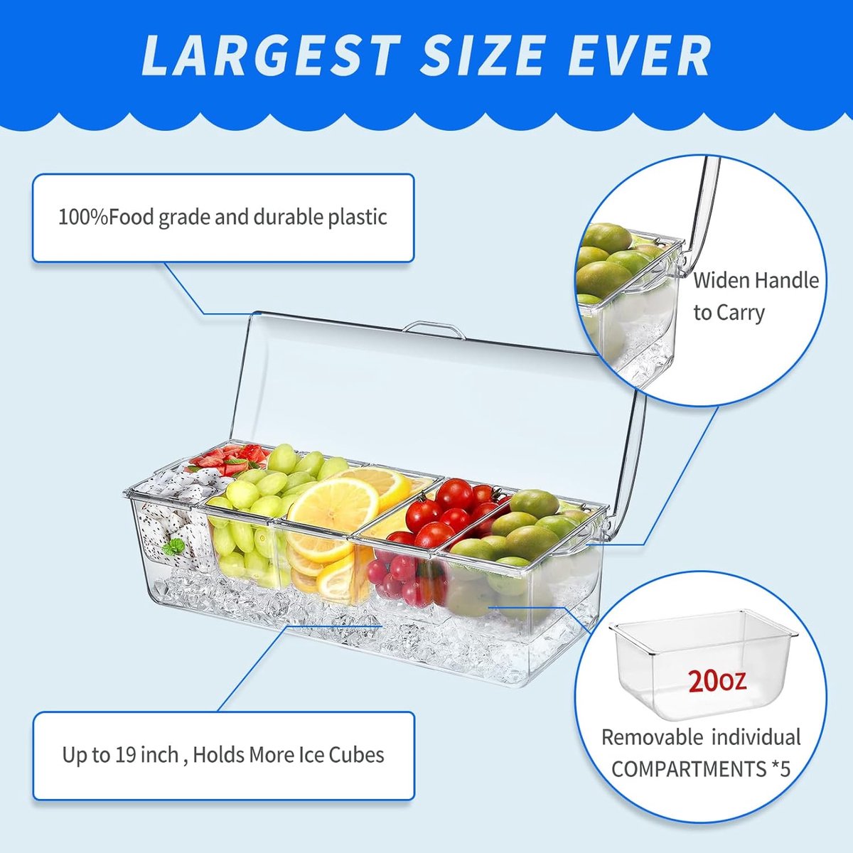 Large ice-cooled condiment holder - Chilled condiment holders - with lids for 5 removable compartments (2.5 cups) - Serving bowls, fruit and garnish bowl - for party supplies and bar accessories - Image 2
