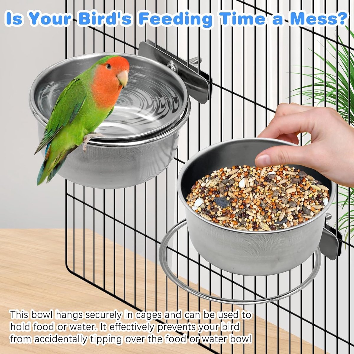 Parrot feeder - Bird food bowl - Stainless steel water bowl for bird cage with clip holder - Suitable for birds and hamsters - 10 cm - 2 pieces - Image 4