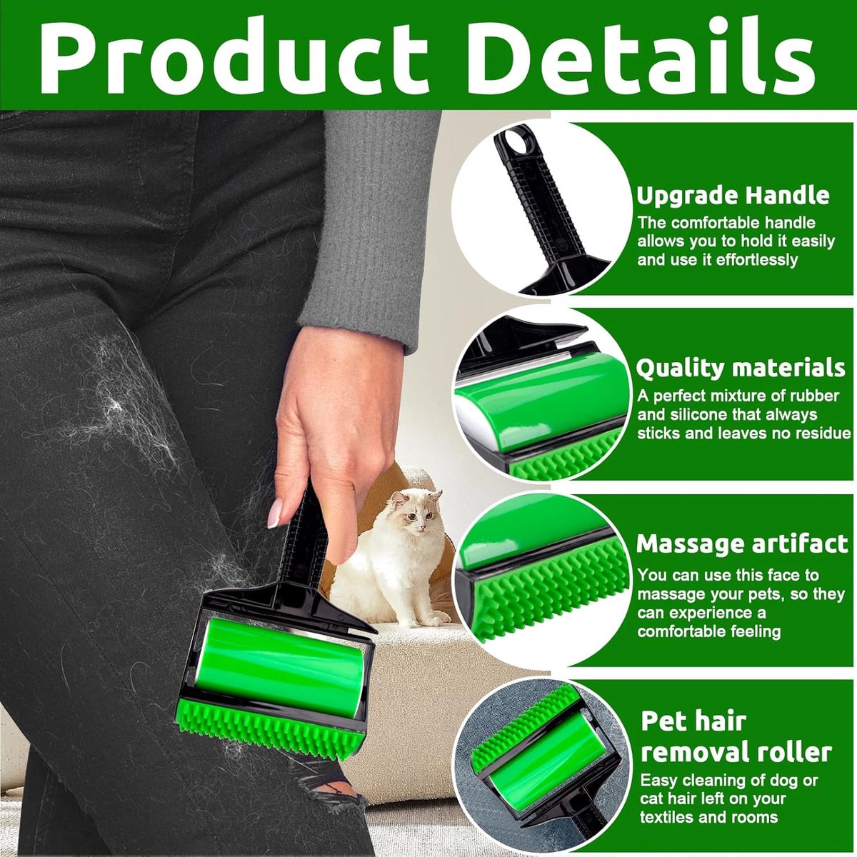 Pet hair remover - 3-in-1 lint roller - Reusable, silicone, washable - Suitable for sofas, carpets, couches, and clothing. - Image 3