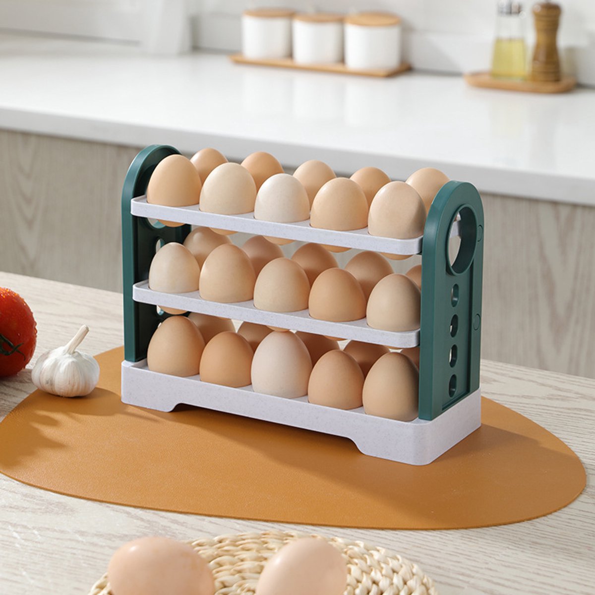Egg Basket 30 Compartments 3 Layers - Dark Blue Flip-Down - With Handle for Refrigerator - Image 3