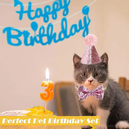 Birthday hats for dogs/cats - Party hat set for dogs - Includes bow tie and blue number - Suitable as decoration for a puppy or kitten - Clothing, headwear and accessories for pets, set of 3 (pink) - Image 2