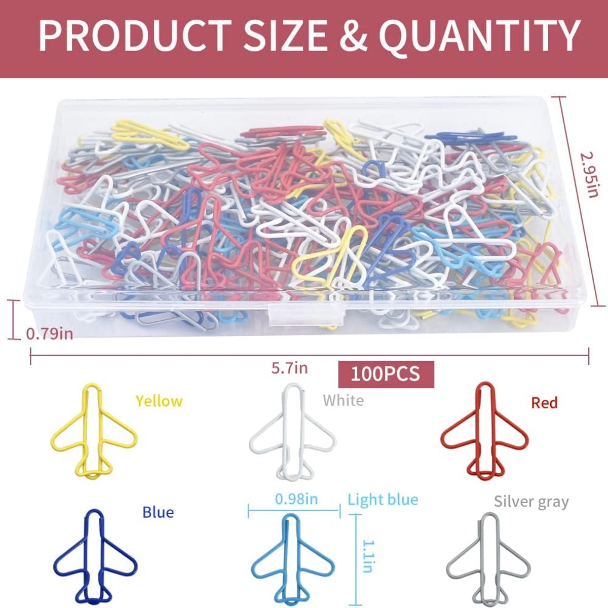 Paperclips - Pack of 100, creative paperclips in the shape of a small airplane in rainbow colors - Available in multiple colors - Fun metal bookmarks in the shape of a small airplane - Image 2