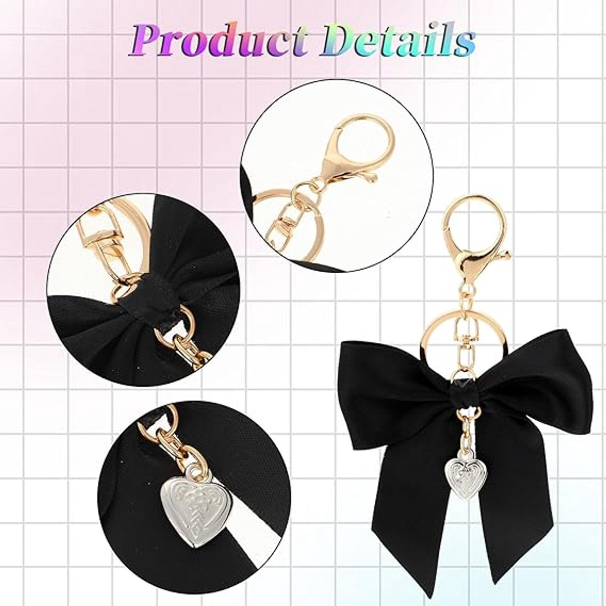 Bag Charms - Set of three cute bag charms with bows - Keychains with red, white, and black bows - Suitable for handbags, car keychains, and bag charms. - Image 2