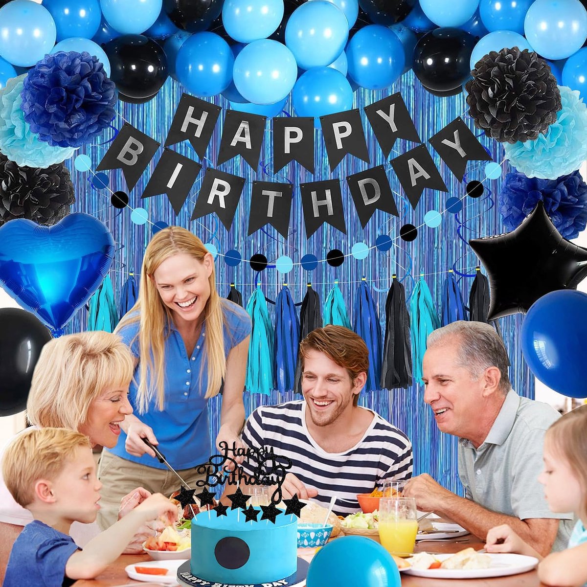 Blue-black birthday party decoration set - Banner & balloons - Image 4