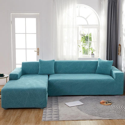 Waterproof sofa cover - Bright blue jacquard leaf pattern - For 4-seater sofa (235-300 cm)