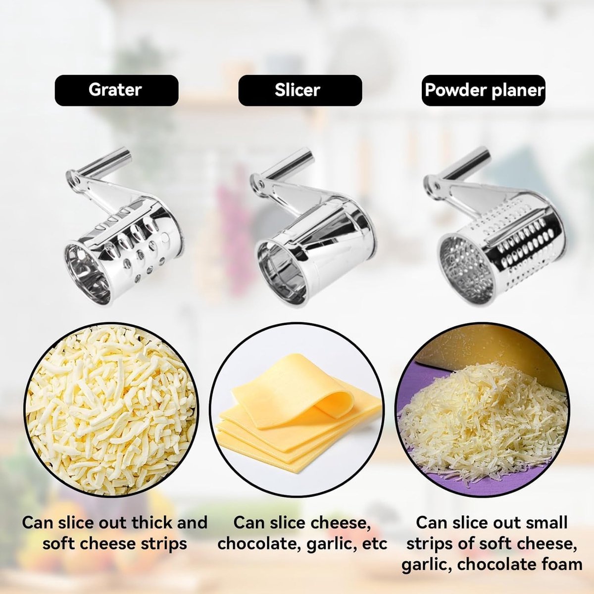 Rotary cheese grater - Stainless steel cheese cutter - Slicer - Grater - With 3 roller blades - Handy design - Suitable for kitchens - Image 5