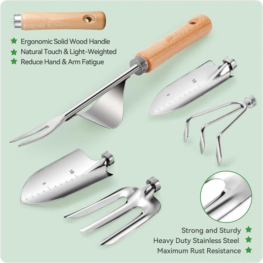 9-piece Garden Set – Stainless steel, wooden handles & watering can - Image 2