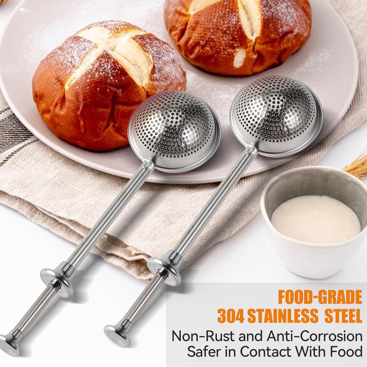 Flour Sieve - 304 Stainless Steel Fine Kitchen Sieve - Long-handled kitchen sieve - Handy Dusting Tool with Fine Mesh - Ideal for Powdered Sugar and Spices - Image 2
