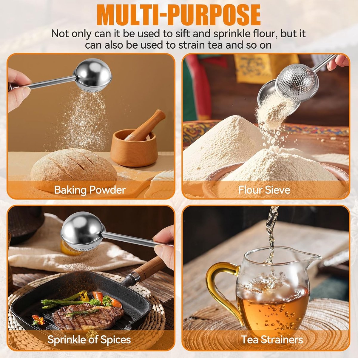 Flour Sieve - 304 Stainless Steel Fine Kitchen Sieve - Long-handled kitchen sieve - Handy Dusting Tool with Fine Mesh - Ideal for Powdered Sugar and Spices - Image 4