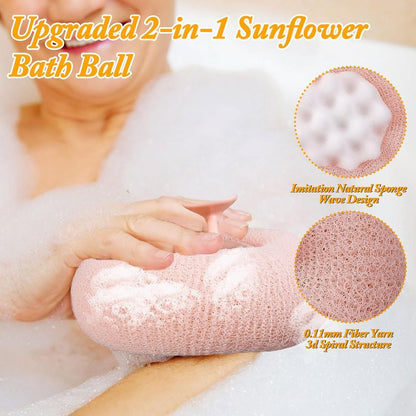 Cleaning Brush - 4-pack Newly improved 2-in-1 Sunflower Bath Ball - Ultra-soft Bath Sponge Cleaning Brush - Bath Ball with Suction Cup and Ring - Exfoliating Bath Sponge (Pink + Blue-Green + Beige + Purple) - Image 3