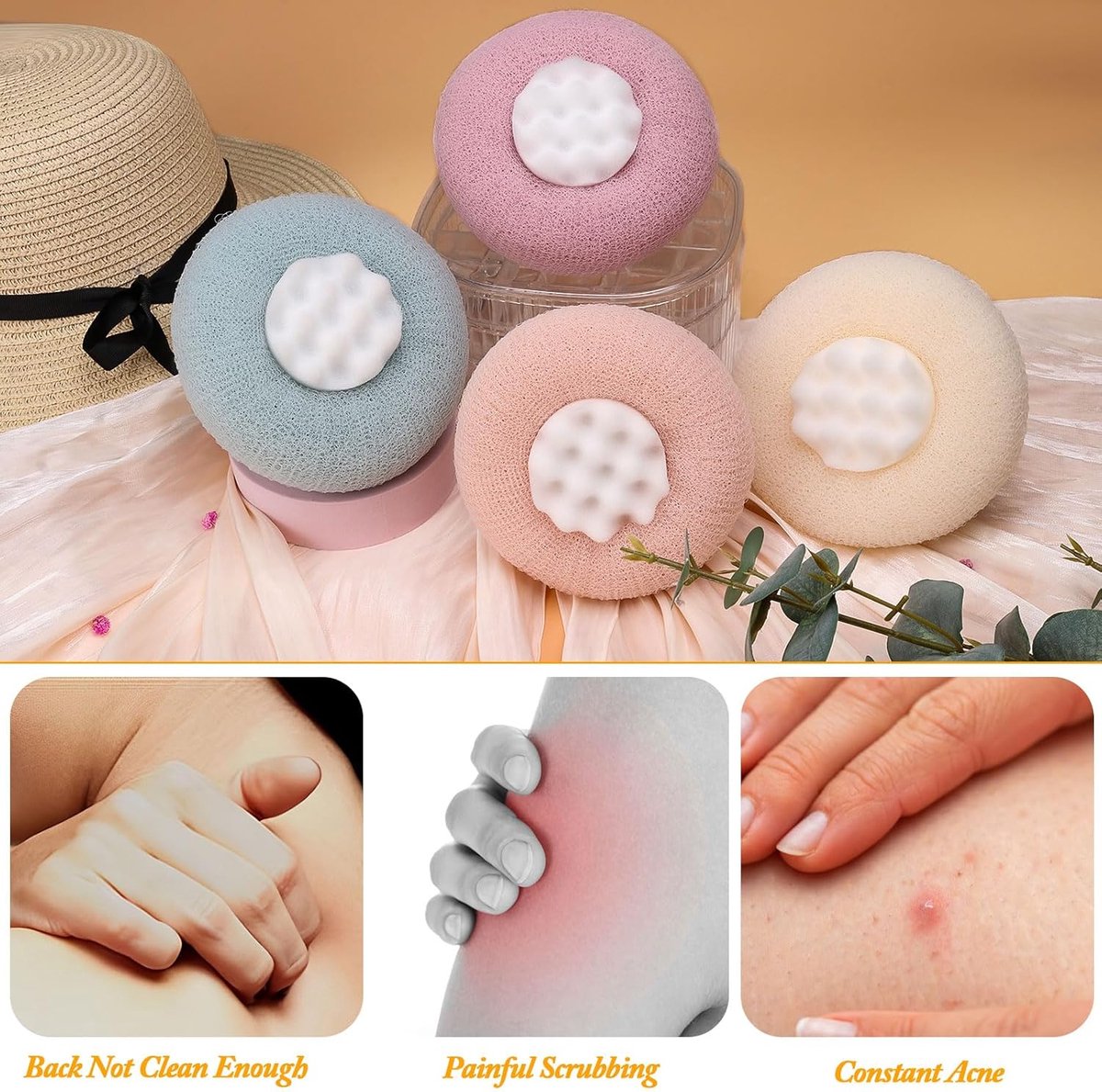 Cleaning Brush - 4-pack Newly improved 2-in-1 Sunflower Bath Ball - Ultra-soft Bath Sponge Cleaning Brush - Bath Ball with Suction Cup and Ring - Exfoliating Bath Sponge (Pink + Blue-Green + Beige + Purple) - Image 4