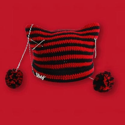 Ladies' Hat - Retro-style knitted hat - Crocheted girl's hat - Fox and cat ear design - Matches retro-style clothing (One size, red) - Image 2