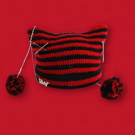 Ladies' Hat - Retro-style knitted hat - Crocheted girl's hat - Fox and cat ear design - Matches retro-style clothing (One size, red) - Image 2