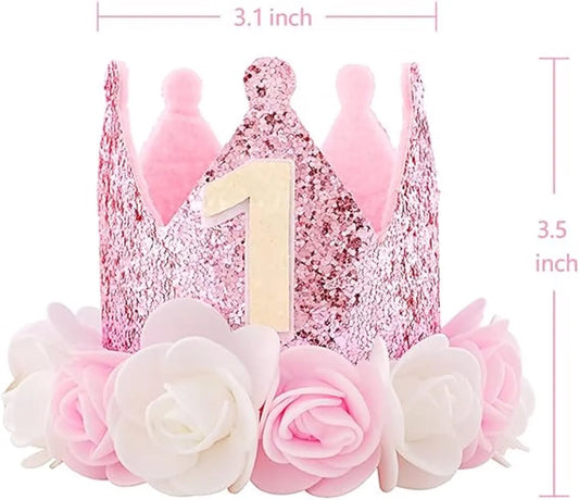 Birthday Hat - Perfect for a girl's first birthday - Rose Gold Party Crown - 3-inch Floral Princess Pink - Image 2