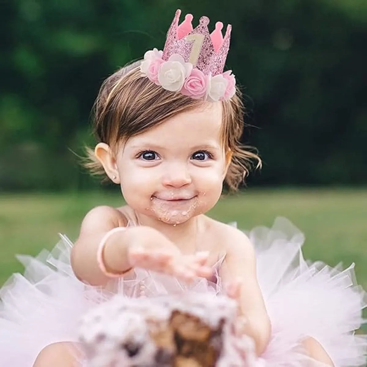 Birthday Hat - Perfect for a girl's first birthday - Rose Gold Party Crown - 3-inch Floral Princess Pink - Image 3