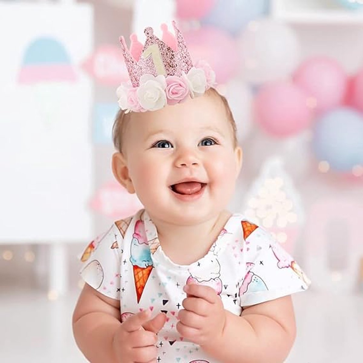 Birthday Hat - Perfect for a girl's first birthday - Rose Gold Party Crown - 3-inch Floral Princess Pink - Image 5