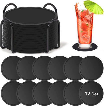 Silicone Coasters with Holder - Set of 12 - Coasters for Glasses - Coaster Set - Round Coaster Design - Coasters - Anti-Slip - Heat Resistant - Black - Gift - Image 2