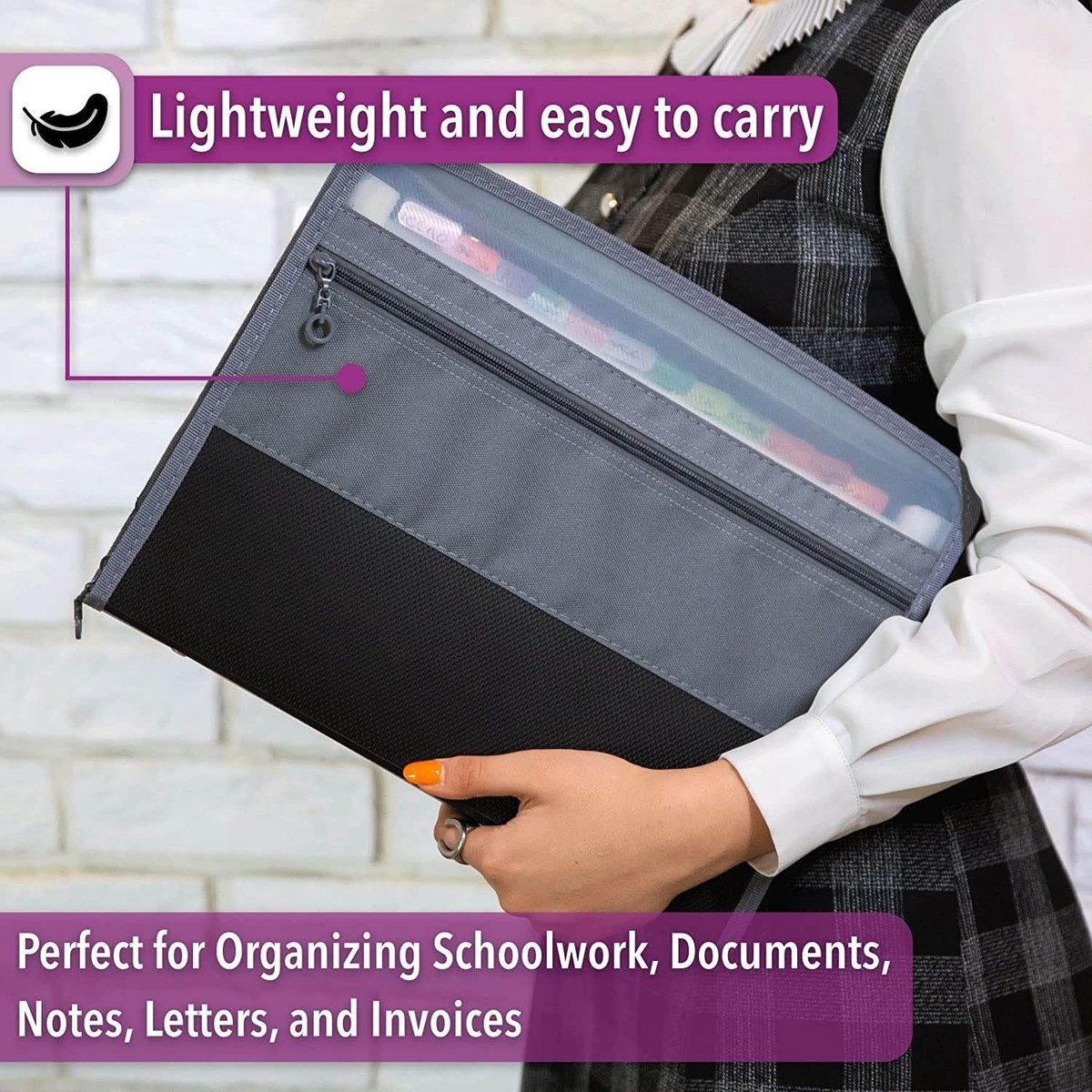 Project Folder - A4 - Foldable File Folder with Tabs - 13 Compartments - Storage Folder/Sorting Folder - Compartment Folder - Durable Plastic Document Folder - Writing Folder with Zipper - Conference Folder - Work Folder - Document Folder - Black - Portab - Image 5
