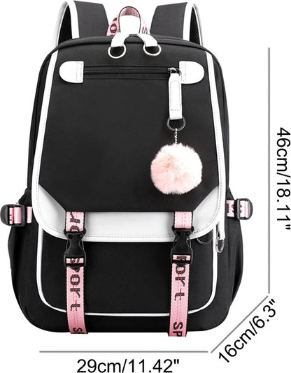 Girls School Student School Bag Outdoor Backpack With USB Charging Port, Black White - School Bag - Backpack - Rucksack - School - Girls - Boys - Teenagers - Book Bag - Girl's Backpack - Backpacks - Rucksack For Children - Waterproof - Laptop Backpack - Image 3