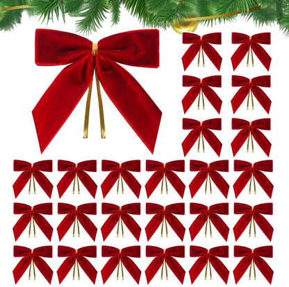 24 Piece Velvet Christmas Bows - Glitter - Christmas Decoration Bows - Christmas Ornaments - Christmas Tree Decoration - Christmas Bows - Christmas Atmosphere - Christmas - 3.5 x 3.5 inches - For Christmas Party, Christmas Tree, Indoors, Crafts - Red
