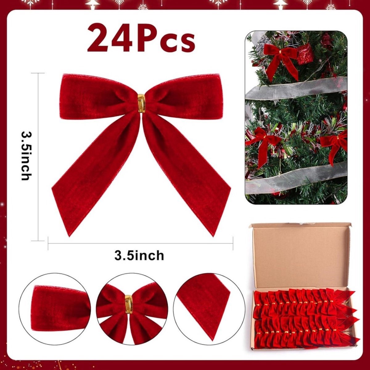 24 Piece Velvet Christmas Bows - Glitter - Christmas Decoration Bows - Christmas Ornaments - Christmas Tree Decoration - Christmas Bows - Christmas Atmosphere - Christmas - 3.5 x 3.5 inches - For Christmas Party, Christmas Tree, Indoors, Crafts - Red - Image 4