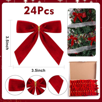 24 Piece Velvet Christmas Bows - Glitter - Christmas Decoration Bows - Christmas Ornaments - Christmas Tree Decoration - Christmas Bows - Christmas Atmosphere - Christmas - 3.5 x 3.5 inches - For Christmas Party, Christmas Tree, Indoors, Crafts - Red - Image 4