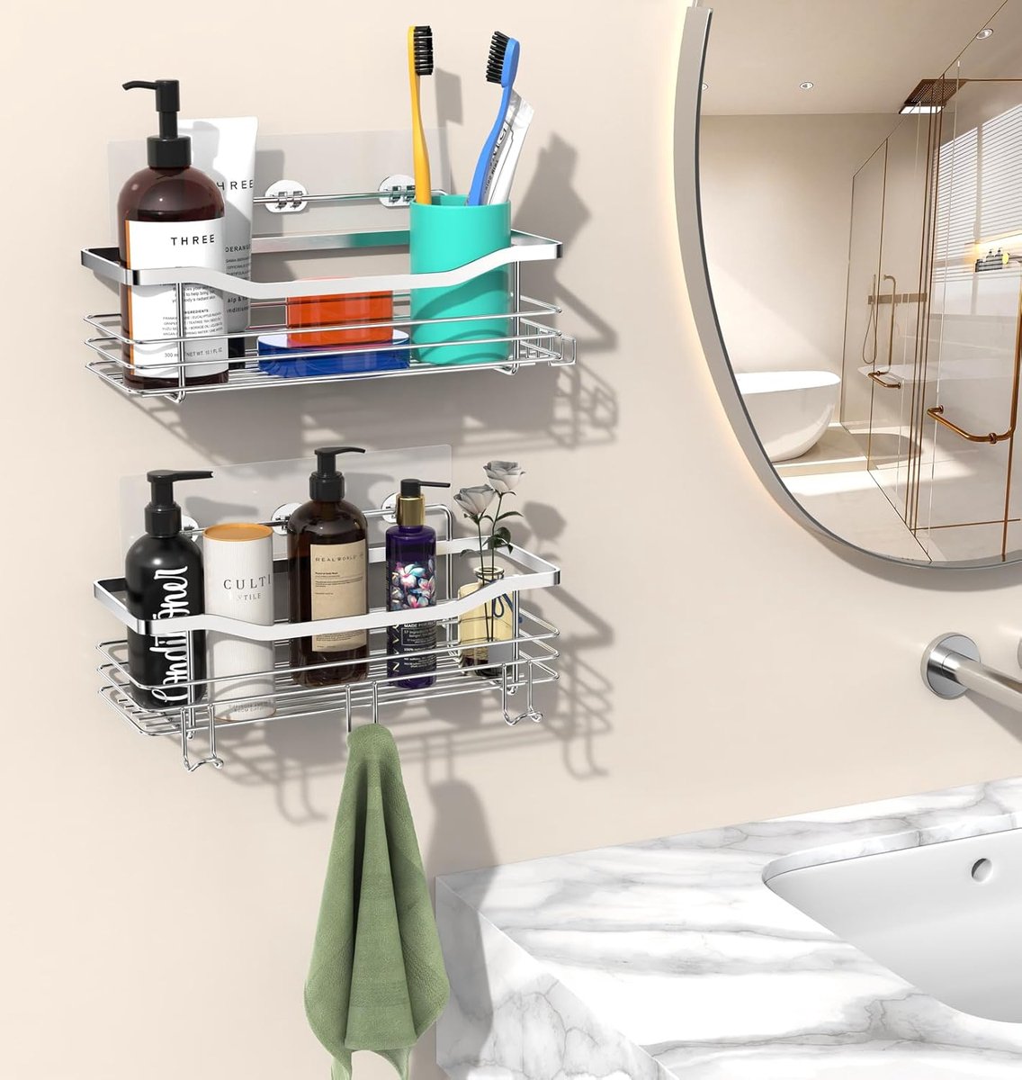 Shower Rack - 2-Tier - Wall Shower Rack - Bathroom Rack - Storage - No Drilling Required Shower Rack - Shower Basket - Hanging Shower Rack - Small Rack for In The Shower - Bathroom Shelf - Shampoo Rack - Shower Rack - Stainless Steel - Self-Adhesive - For - Image 4