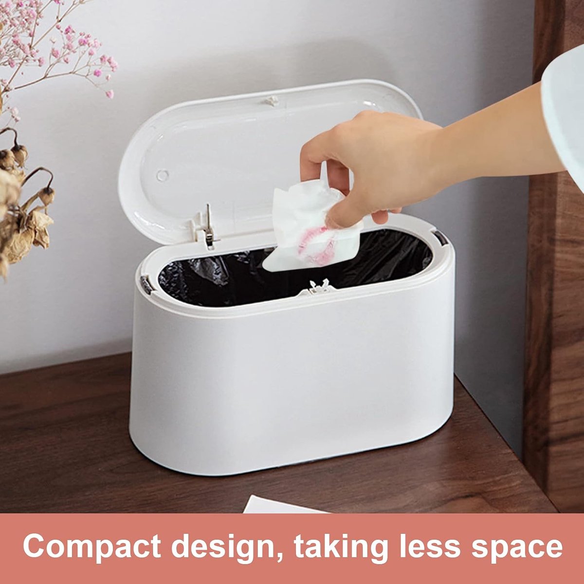 Trash Can - Small Trash Can with Sensor - Sturdy - Countertop Waste Bin - Mini Trash Can - Desktop - Tabletop Waste Bin - Plastic Trash Can - Bathroom Waste Bin - Recycling Waste Bin - Car Trash Can - White - Office Waste Bins - Home / Office - Image 4