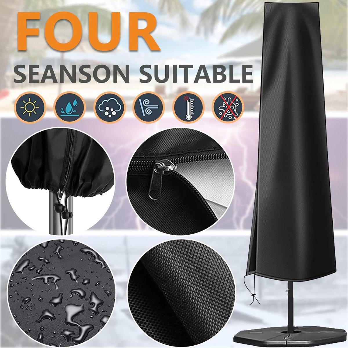Parasol Cover - 190×50×30cm - Standing Parasol - Sturdy & Durable - Waterproof Parasol Cover 600D - With Zipper, Drawstring and Storage Pouch - Waterproof / Dustproof / Weatherproof - Black - For Cantilever Parasol and Standing Parasol - Image 3