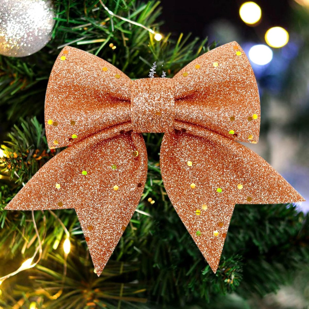 10 Gold Christmas Bows - 12 x 15 cm - Glitter - Christmas Decoration Bows - Christmas Ornaments - Christmas Tree Decoration - Christmas Bows - Christmas Atmosphere - Christmas - For Christmas Party, Christmas Tree, Indoors, Crafts - Image 4
