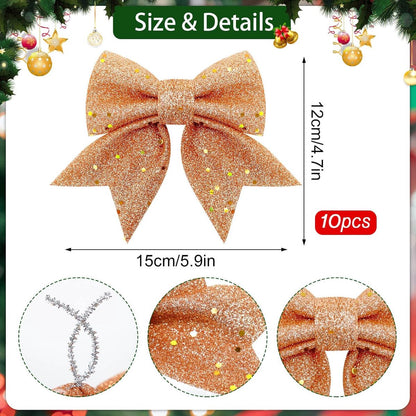 10 Gold Christmas Bows - 12 x 15 cm - Glitter - Christmas Decoration Bows - Christmas Ornaments - Christmas Tree Decoration - Christmas Bows - Christmas Atmosphere - Christmas - For Christmas Party, Christmas Tree, Indoors, Crafts - Image 5