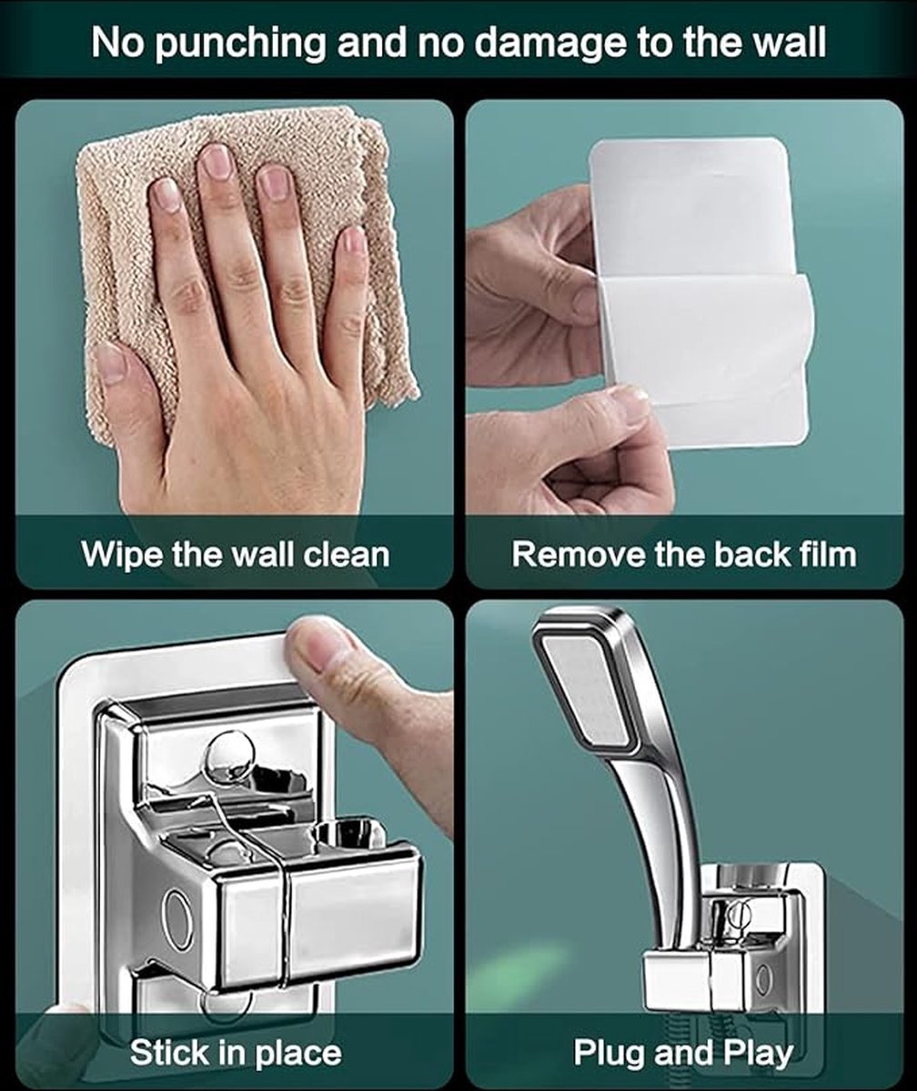 Shower Head Holder - 360° Adjustable - Hand Shower Holder - Strong Paste - Water Resistant - No Drilling Required - Moisture Resistant - Self-Adhesive - Rotatable - Chrome - Universal - Shower Rail - For Bathroom Replacement Shower Head Holder - Image 3