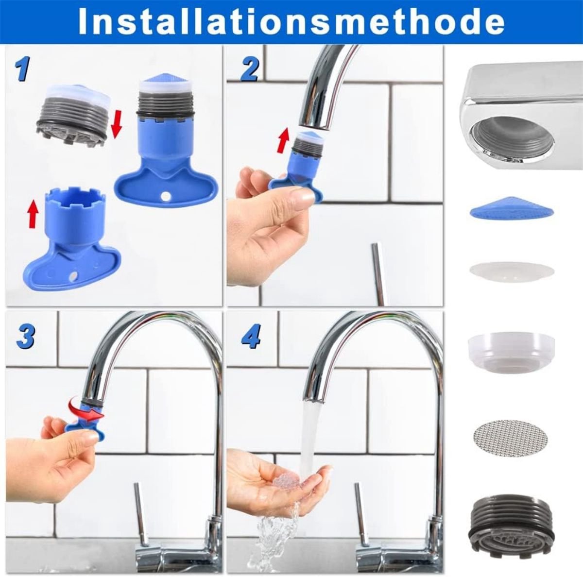 Water-Saving Aerator - M18 x 6 Pieces Tap Aerator - With Mounting Wrench - Tap Strainer for Taps - Tap Attachment - Tap Connector - Includes Disassembly Wrench & Removal Tool - Blue - Image 4