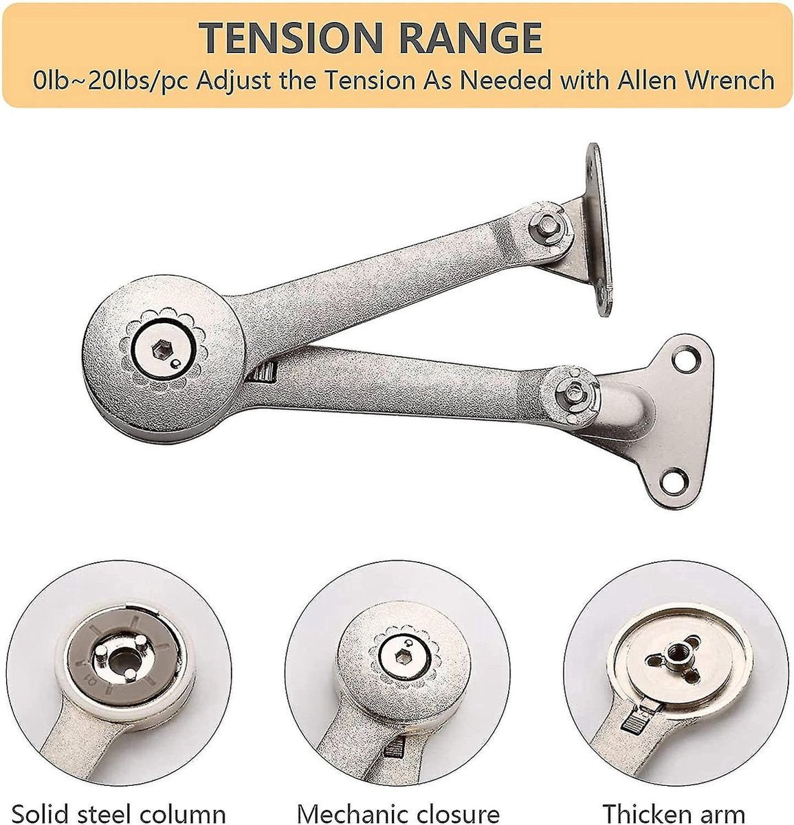 Flap Hinge - With Screws and Allen Key - High Load Capacity - 2 Pieces - Nickel-Plated - Support - Kitchen Cabinet Hinge - Furniture Hinge - Overlay Hinge - Hinge - Flap Supports - Lid Support Hinge - Sturdy & Durable - Image 4