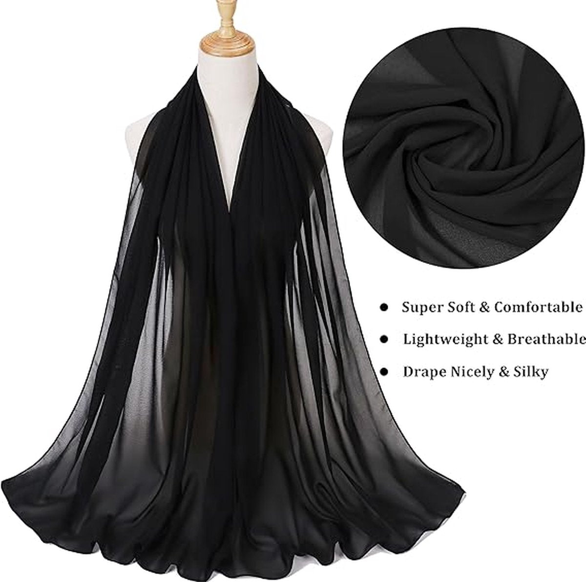 Women's Scarf - Wrap - 200*70 Cm - Soft & Skin-Friendly - Silk Sheen - Thin Wrap Scarf - Fashion Scarf - Scarf for Women - Ladies' Scarf - Stole - Neck Scarf - Women's Scarf - Long Satin Wrap Scarf - Black - Gift - Elegant - Image 4