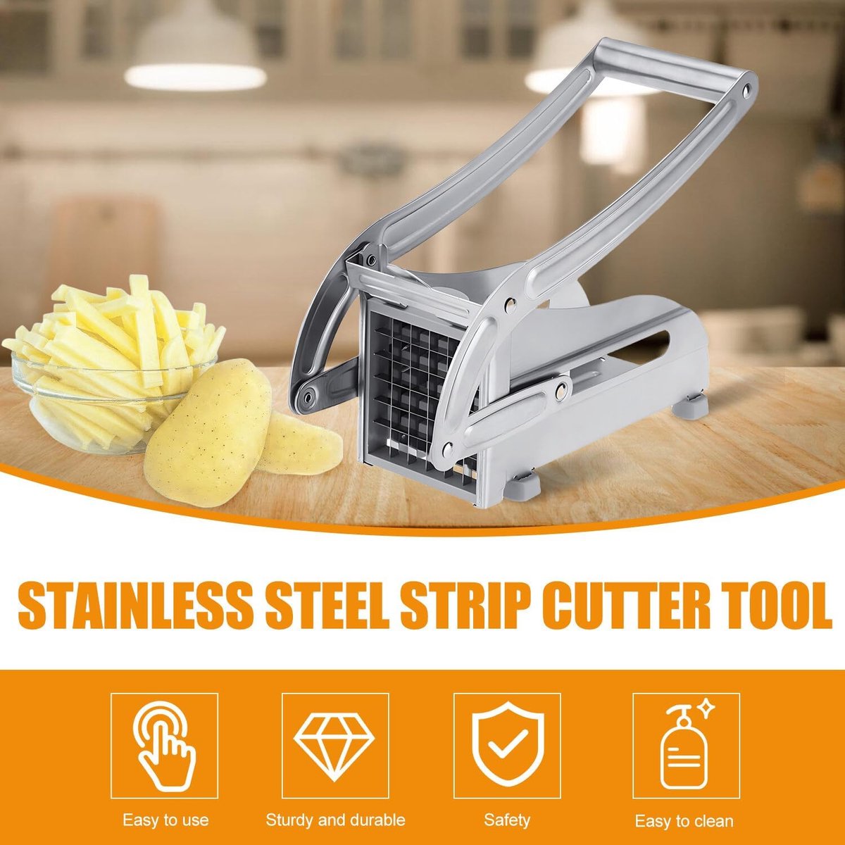 French Fry Cutter - Potato Cutter - Vegetable Cutter - 2 Inserts - Non-Slip Rubber Base - Dishwasher Safe - With Soft-Touch Handle - Effortless Vegetable Sticks - 9 and 12 mm - Stainless Steel - Sturdy - Professional - Image 2