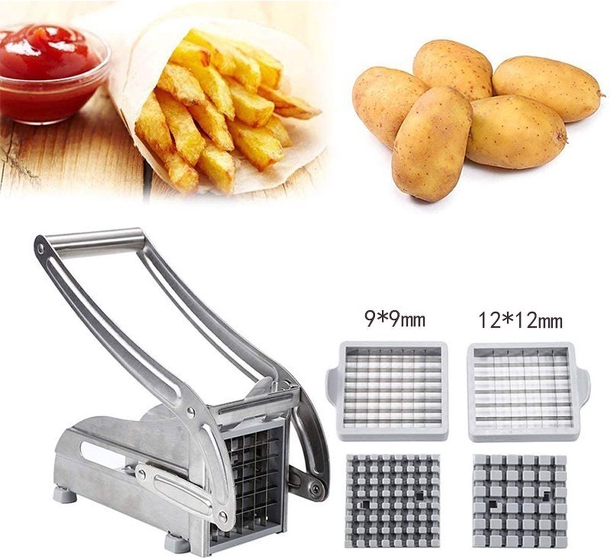 French Fry Cutter - Potato Cutter - Vegetable Cutter - 2 Inserts - Non-Slip Rubber Base - Dishwasher Safe - With Soft-Touch Handle - Effortless Vegetable Sticks - 9 and 12 mm - Stainless Steel - Sturdy - Professional - Image 4