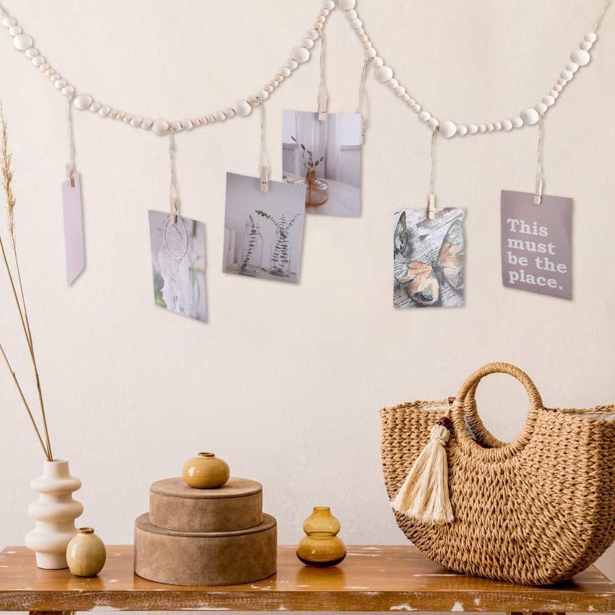 Photo Garland - Hanging Card/Photo Garland - Photo Rope 120 Cm - Photo Hanging Display With 7 Photo Clips - DIY Photo Frame - Wall Decoration - Boho Wooden Bead Hanging Photo Frames - For Hanging Photo Postcards - 2 Pieces - Image 4