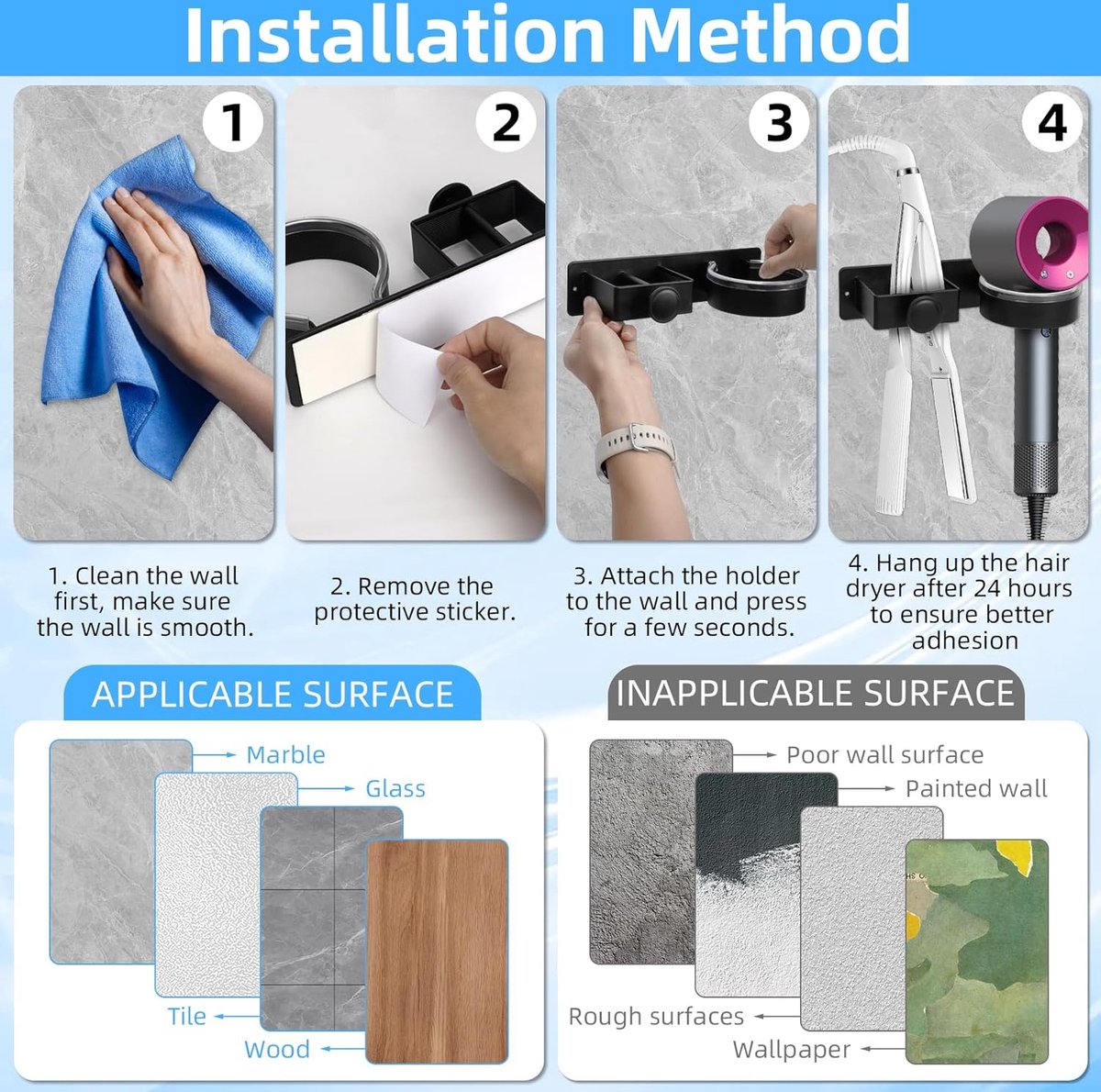 Hair Dryer Wall Bracket Holder - Hair Dryer - Hair Dryers - Hair Dryer Holders - Bathroom Hanging Rack - Hair Dryer Brush - Hair Dryer Holder - Wall Mount - Self-Adhesive - Universal - Hair Dryer - Wall Mount - For Hotel, Bathroom, Living Room, Barbershop - Image 2