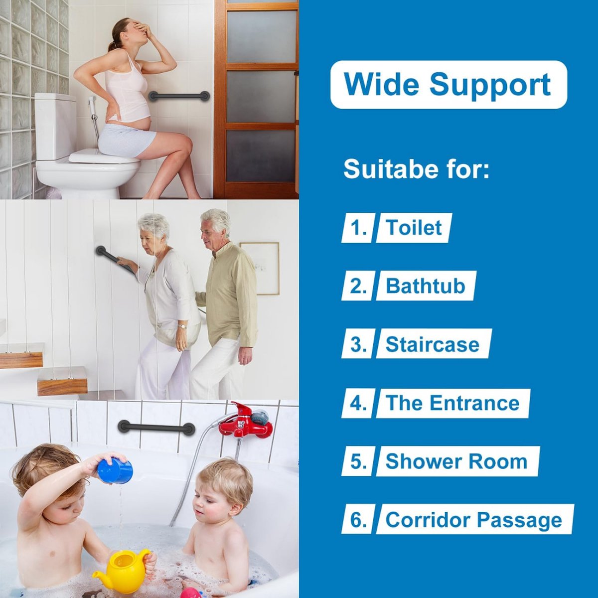 Wall Grab Bar - Extra Grip - Handle / Wall Grab Bar for Bathroom / Shower / Toilet - 30 Cm - Toilet Grab Bar - Bath Grab Bar - Shower Grab Bar - Non-Slip Grab Bar - Bathroom Handle - Bathroom - Stairs - Complete Installation Accessories - Matte Black - Image 3