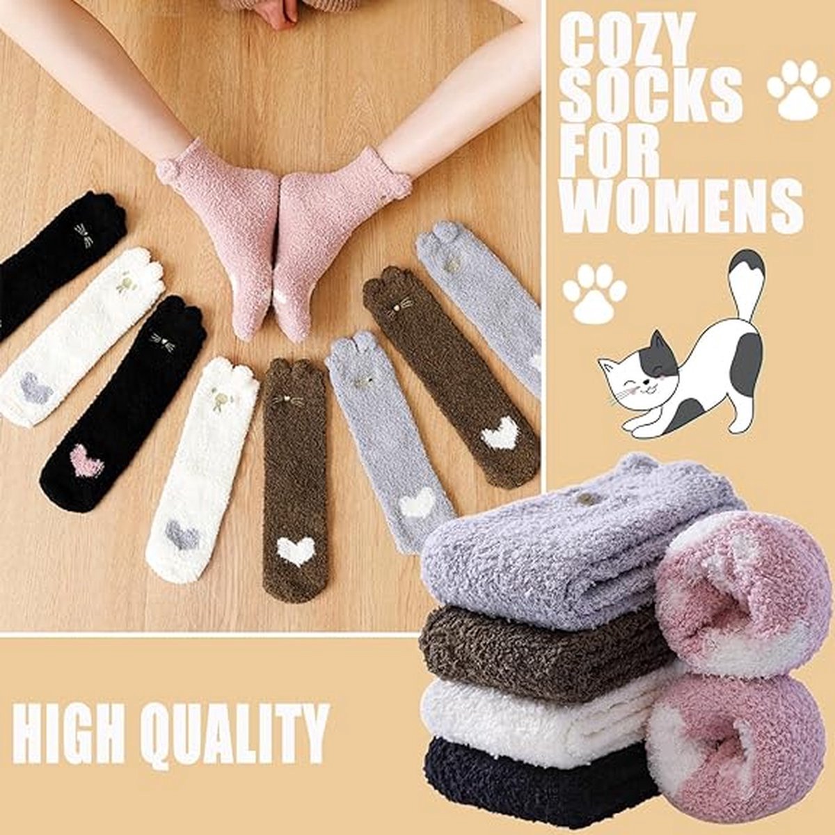 Warm Winter Socks Ladies - Set of 5 Pairs - Ladies Plush Socks - Women's Socks - House Socks - Sleep Socks - Fluffy Socks - Cat Claw - Cute Animal Socks - Birthday - Mother's Day - Gift for Woman - Thick/ Warming/ Comfortable - Christmas Gift - Image 4