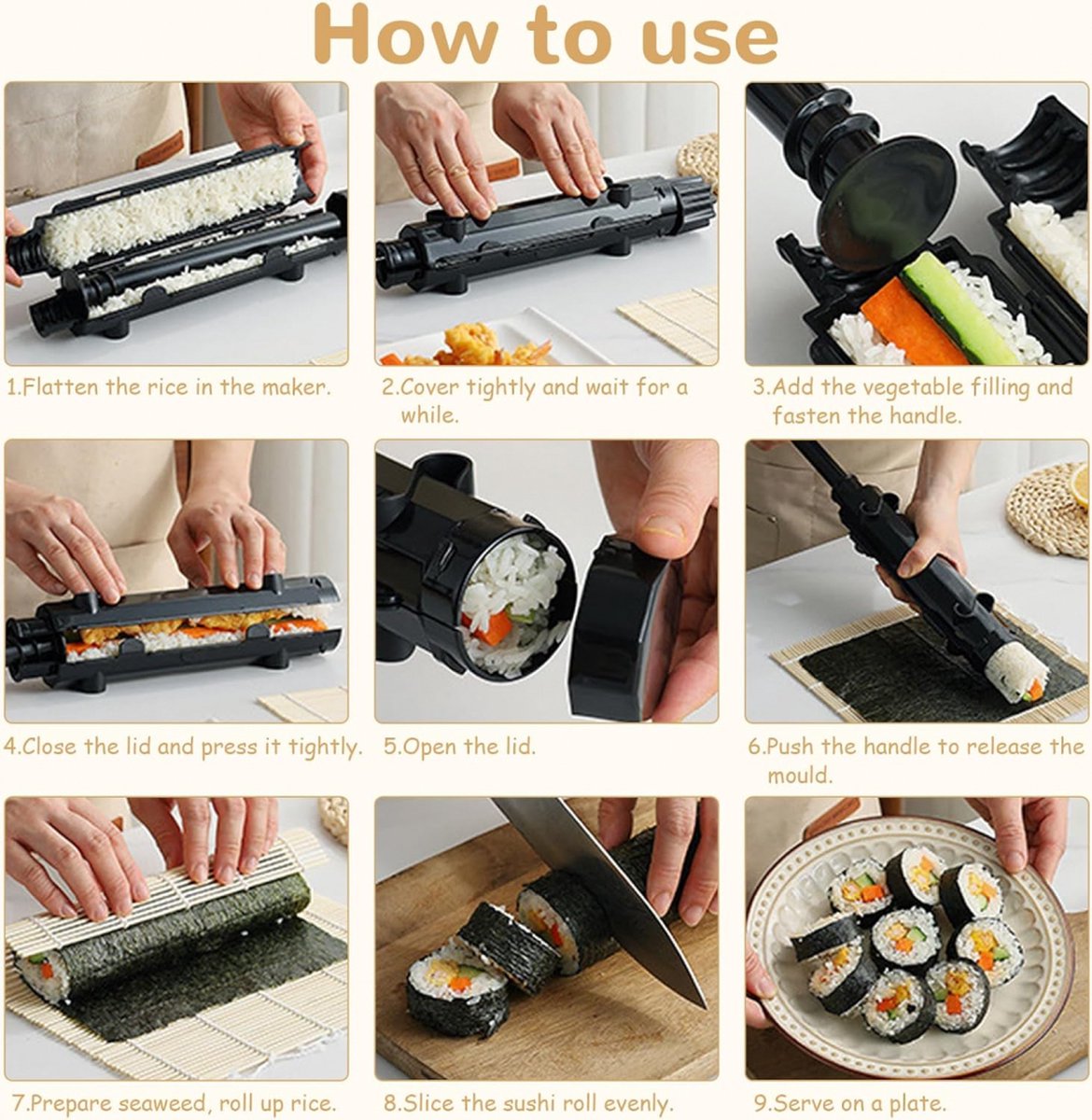 Sushi Maker Kit - Sushi Set - Sushi Maker - Sushi Roller - Sushi Bazooka - Includes Bamboo Sushi Mat - Shapes - DIY - Sushi Making - Sushi Shape - Sushi Mold - Gift - Black - Image 2