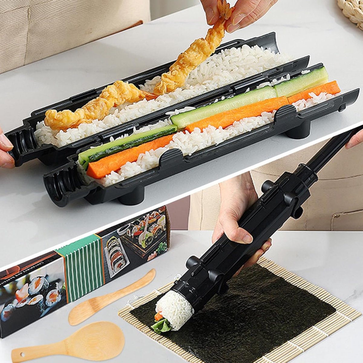 Sushi Maker Kit - Sushi Set - Sushi Maker - Sushi Roller - Sushi Bazooka - Includes Bamboo Sushi Mat - Shapes - DIY - Sushi Making - Sushi Shape - Sushi Mold - Gift - Black - Image 4