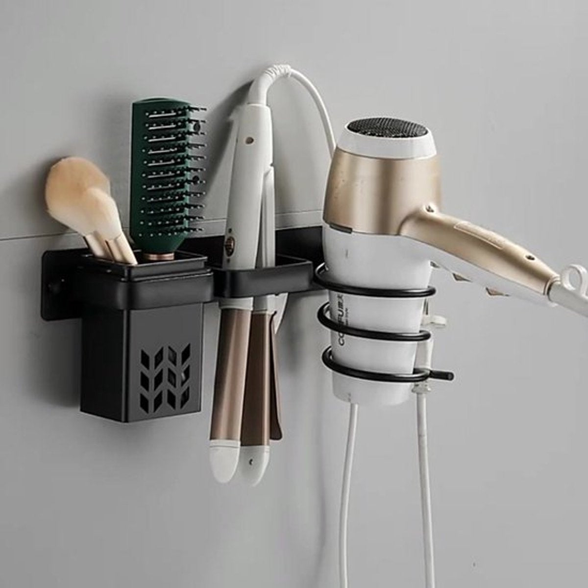 Hair Dryer Holder - With Storage Trays - Hair Dryer Holder - Hair Dryer Wall Bracket - Wall Mount - Universal - Hair Dryer Holder - Aluminum - Includes Mounting Material - Organizer For Your Hair Dryer And Straightener - Bathroom Accessories - Black - Image 3