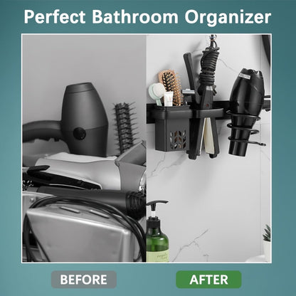 Hair Dryer Holder - With Storage Trays - Hair Dryer Holder - Hair Dryer Wall Bracket - Wall Mount - Universal - Hair Dryer Holder - Aluminum - Includes Mounting Material - Organizer For Your Hair Dryer And Straightener - Bathroom Accessories - Black - Image 4