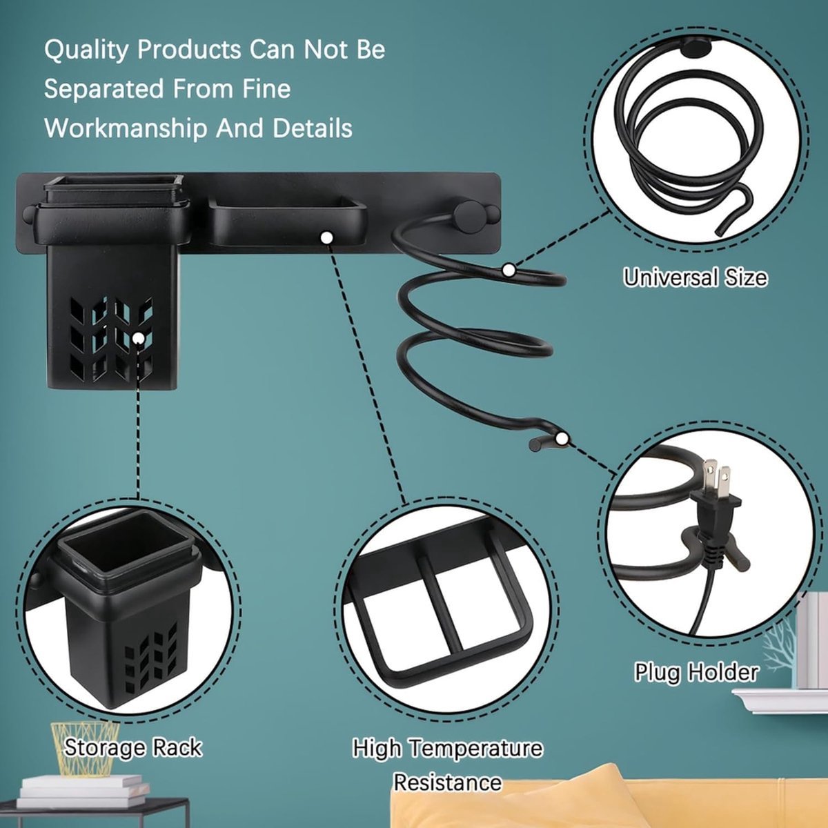 Hair Dryer Holder - With Storage Trays - Hair Dryer Holder - Hair Dryer Wall Bracket - Wall Mount - Universal - Hair Dryer Holder - Aluminum - Includes Mounting Material - Organizer For Your Hair Dryer And Straightener - Bathroom Accessories - Black - Image 5