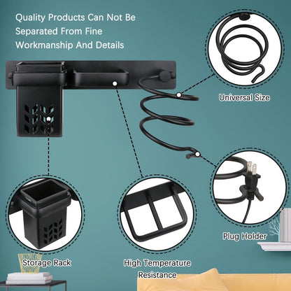 Hair Dryer Holder - With Storage Trays - Hair Dryer Holder - Hair Dryer Wall Bracket - Wall Mount - Universal - Hair Dryer Holder - Aluminum - Includes Mounting Material - Organizer For Your Hair Dryer And Straightener - Bathroom Accessories - Black - Image 5